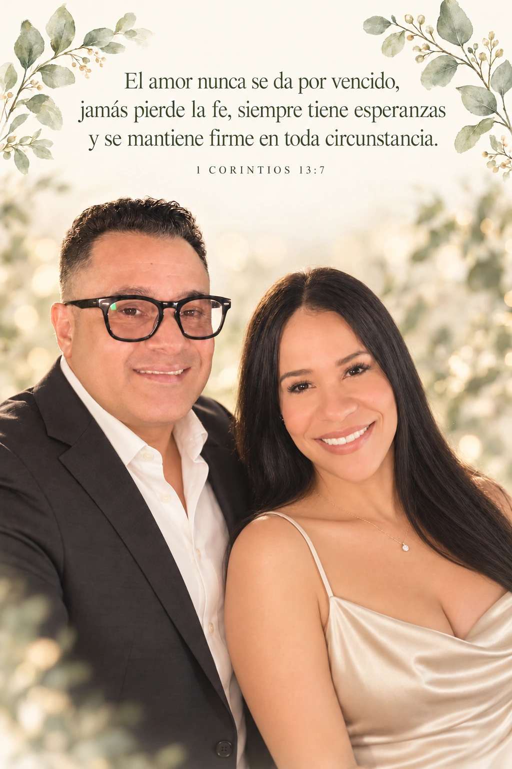 Wilmer y Leydi sonriendo. El amor nunca se da por vencido, jamás pierde la fe, siempre tiene esperanzas y se mantiene firme en toda circunstancia. 1 Corintios 13:7.